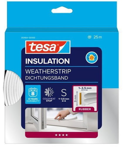 tesa® Insulating self-adhesive gasket - rubber, profile E, 25 m × 9 mm × 4 mm, white - Window Seals - Main image