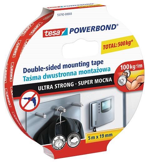 TESA Powerbond Ultra Strong 5 m × 19 mm, kétoldalas ragasztószalag, fehér