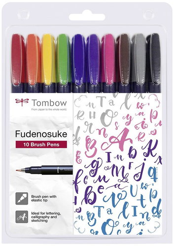 Tombow Fudenosuke COLOUR brush marker set, hardness 1 (hard), 10 pcs - Felt Tip Pens - Main image