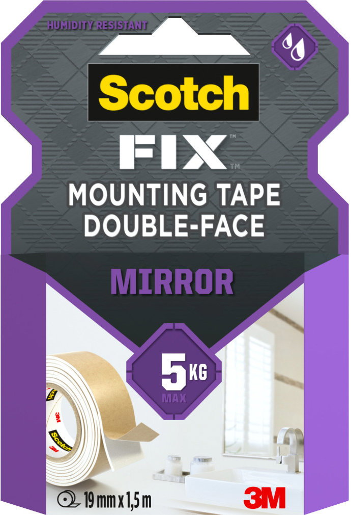 3M™ Scotch® kétoldalas hab rögzítőszalag nedves terekbe, 19 mm × 1,5 m