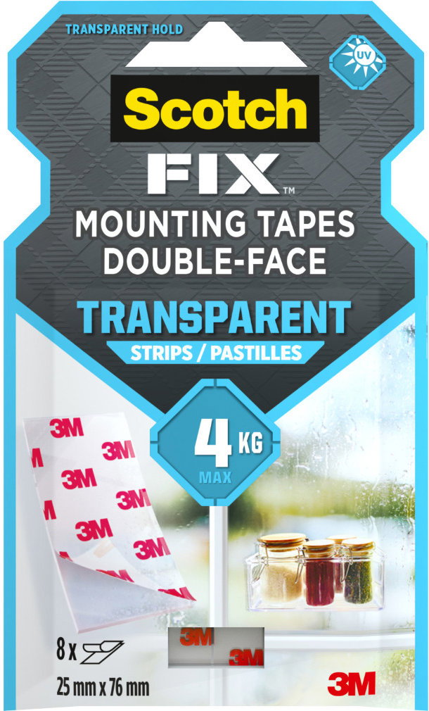 3M™ Scotch-Fi×™ kétoldalas rögzítőcsíkok, átlátszó, 25 mm × 76 mm, 8 db