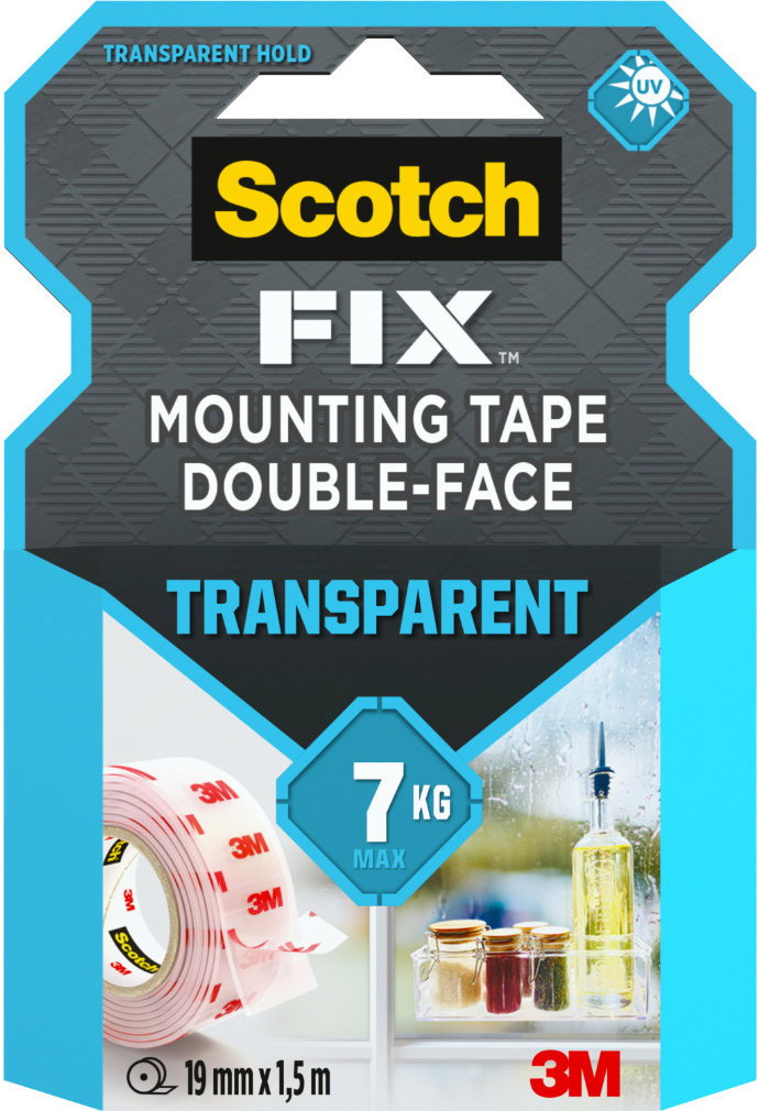 3M™ Scotch® kétoldalas beltéri szerelőszalag, átlátszó, 19 mm × 1,5 m