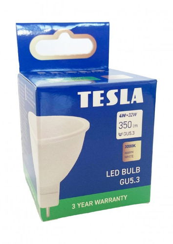 Tesla - LED žárovka GU5,3 MR16, 4W, 12V, 300lm, 25 000h, 3000K teplá bílá, 100° - LED žárovka - Hlavní obrázek