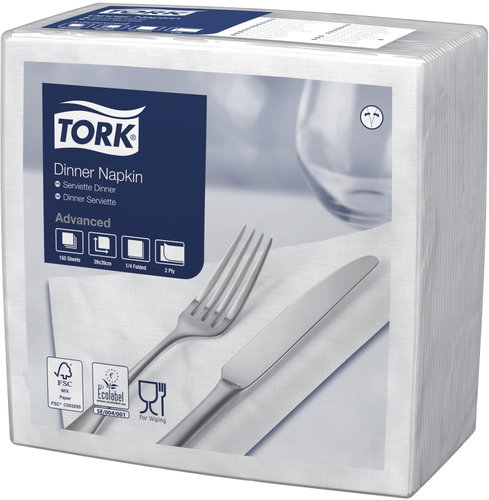 Tork ubrousky večeře, bílé, 2-vrstvé, 39 × 39 cm, 150 ks - Paper Napkins - Main image