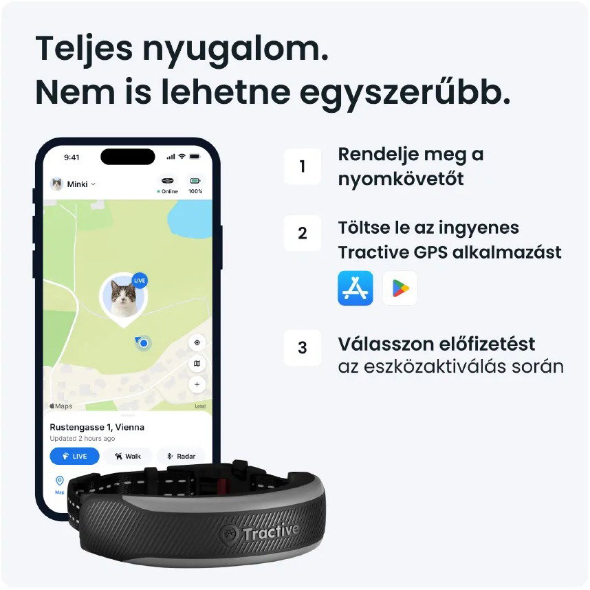 Tractive CAT 6 Mini GPS-macskanyomkövető egészségmonitorral és nyakörvvel, fekete