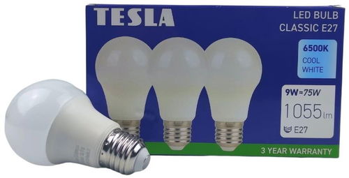 Tesla - LED žárovka BULB E27, 9W, 230V, 1055lm, 25 000h, 6500K studená bílá, 220st 3ks v balení - LED žárovka - Hlavní obrázek