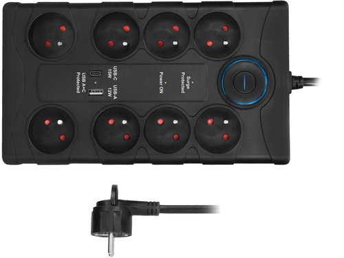 Solight surge protector, 8 sockets, USB A+C, 2m, black - Surge Protector  - Main image