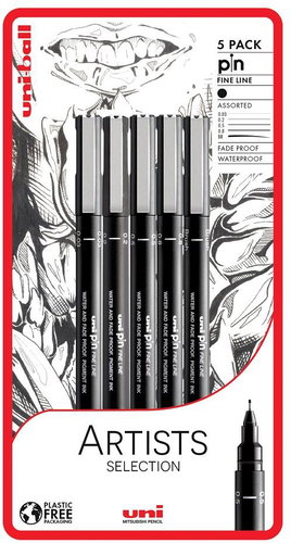 UNI PIN - Artists Selection set of 5 liners, black - Fineliner Pens - Main image