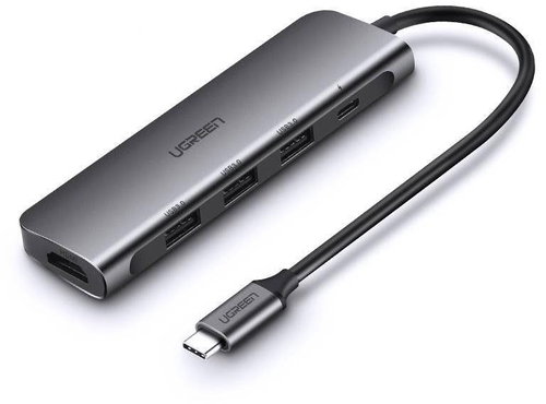 Ugreen CM136 USB-C HUB adaptér HDMI 4K, 3 × USB, USB-C PD, AUX, šedý - USB Hub - Main image
