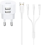 USAMS T20 Dual USB Round Travel Charger + U35 3in1 micro + USB-C + Lightning Cable White - AC Adapter