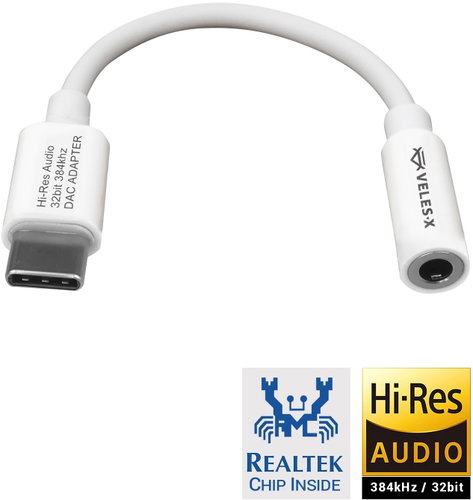 Veles-X Hi-Res DAC Audio Adapter – Realtek Chip (384kHz / 32-bit), USB-C to 3.5mm Jack White - DAC Transmitter - Main image