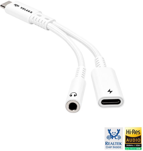 Veles-X Hi-Res DAC Audio Adapter – Realtek Chip (384kHz / 32-bit), USB-C to 3.5mm Jack + PD White - DAC Transmitter - Main image