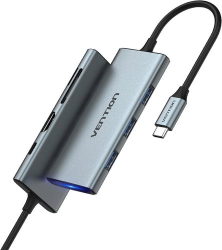 Vention 7-in-1 USB-C to HDMI/USB 3.0x3/SD/TF/PD Docking Station 0.15M Gray Aluminum Alloy Type (Slim - Docking Station - Main image