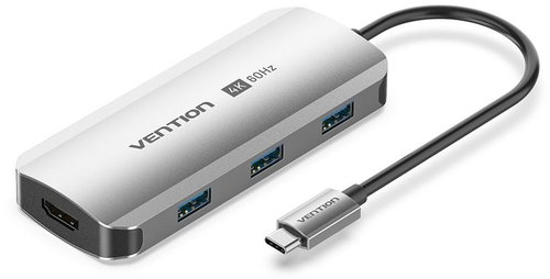 Vention 5-in-1 USB-C to HDMI/USB 3.0 x3/PD Docking Station 0.15M Gray Aluminum Alloy Type - Docking Station - Main image