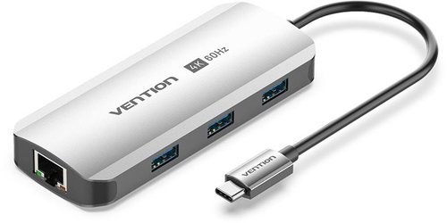 Vention 6-in-1 USB-C to HDMI/USB 3.0 x3/RJ45/PD Docking Station 0.15M Gray Aluminum Alloy Type - Docking Station - Main image