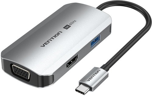 Vention 4-in-1 USB-C to HDMI/VGA/USB 3.0/PD Docking Station 0.15M Gray Aluminum Alloy Type - Docking Station - Main image