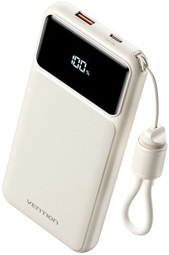 Vention 10 000 mAh Power Bank (USB-C + USB-A) with Built-in Cable 22,5 W White LED Display Type - Powerbank - Hauptbild