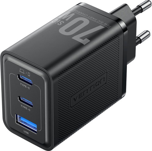 Vention 3-Port USB (C + C + A) SiC Charger (70W/70W/22,5W) EU-Plug Black - Wall Charger - Main image