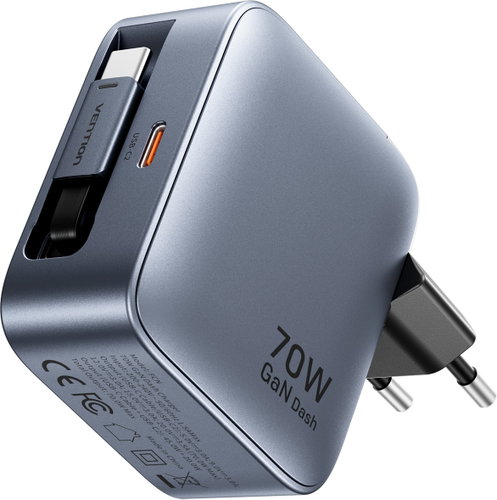 Vention 2-Port USB (C + C) GaN Charger (70W/70W) with USB-C to USB-C Cable EU-Plug Grey - Wall Charger - Main image