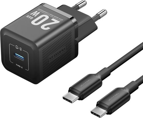 Vention 1-Port USB-C GaN Charger (20W) with USB-C to USB-C Cable (1M) EU-Plug Black - Netzladegerät - Hauptbild