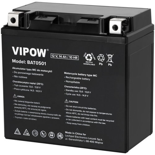 Vipow BAT0501 Motorcycle Battery Type MC 12V, 14Ah - Rechargeable Battery - Main image