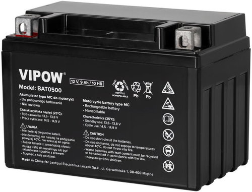 Vipow BAT0500 Motocyklový akumulátor typ MC 12 V, 9 Ah - Rechargeable Battery - Main image