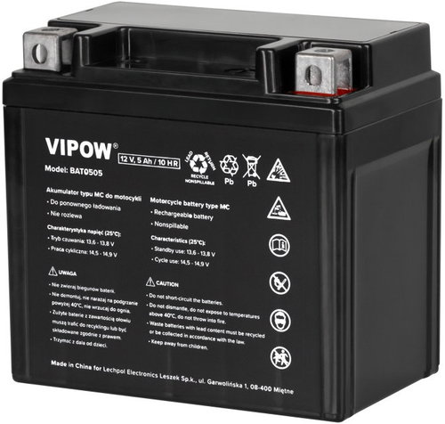 Vipow BAT0505 Motocyklový akumulátor typ MC 12 V, 5 Ah - Nabíjecí baterie - Hlavní obrázek