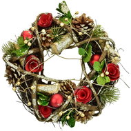 DOMMIO karácsonyi koszorú - fonott koszorú piros virágokkal és fenyőtobozokkal, 25 cm - Koszorú