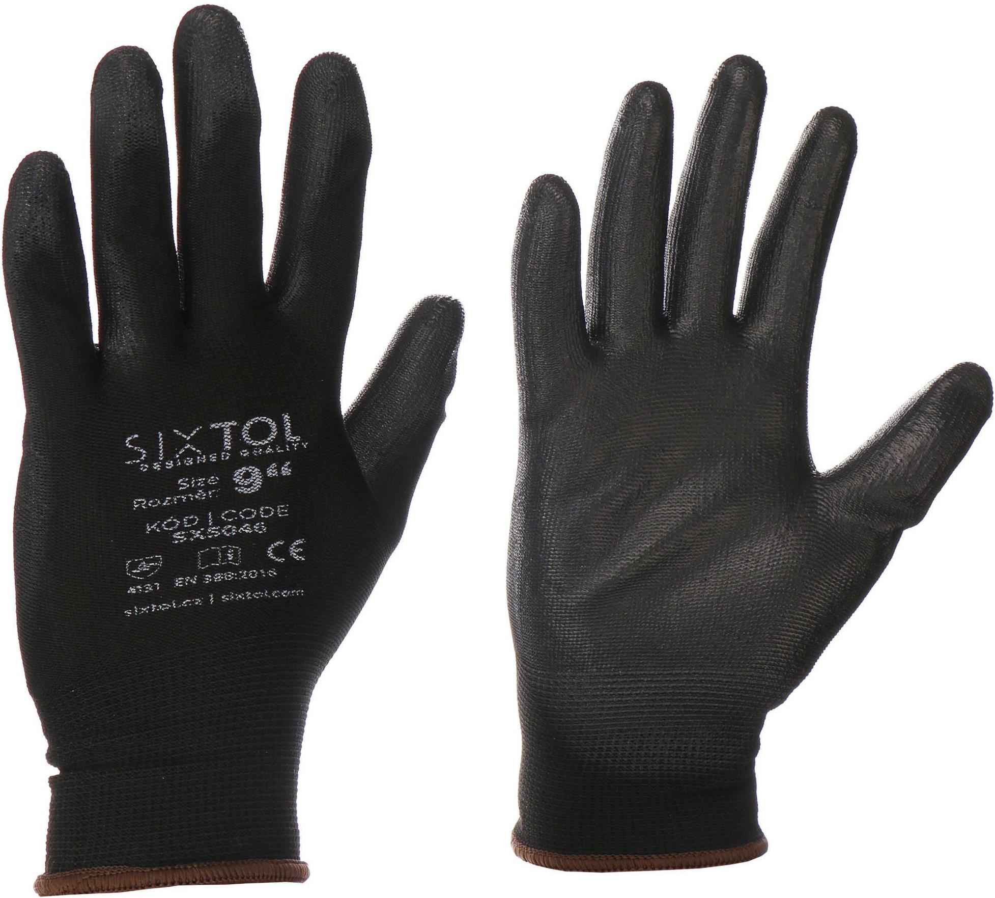 Sixtol Glove poliészter félig merített poliuretán kesztyű PE-PU 9, fekete, 9"