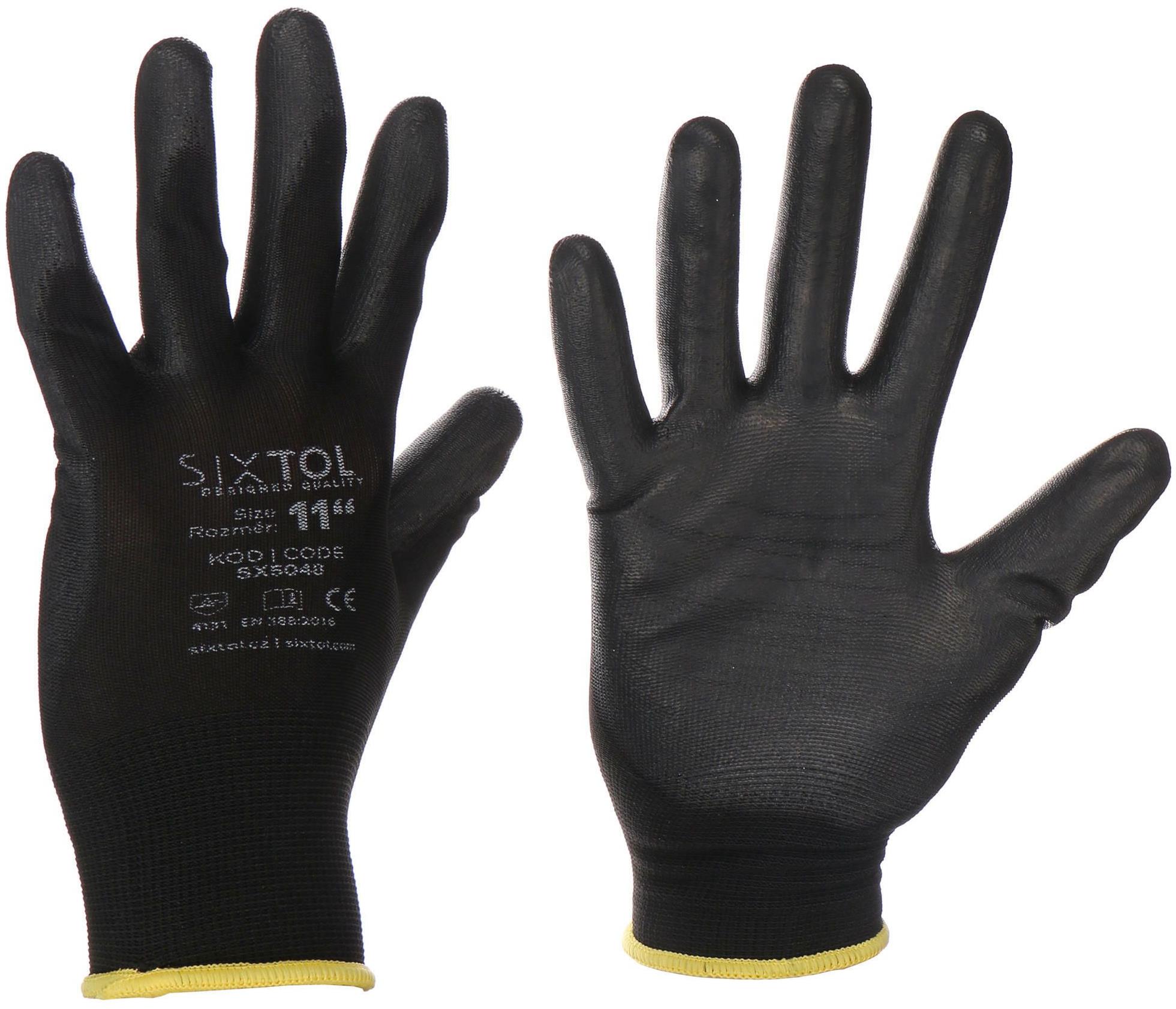 SIXTOL Glove PE-PU Poliészter munkakesztyű poliuretán bevonattal, fekete, méret 11