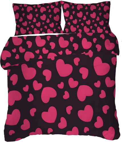 Excellent 3-piece bedding set 135 × 200 cm, black and pink with hearts - Bed Linen - Main image