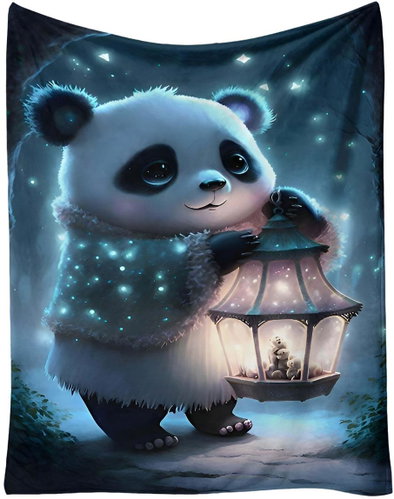 Excellent Micro plush warm blanket blue 150 × 200 cm - Panda with lantern - Blanket - Main image