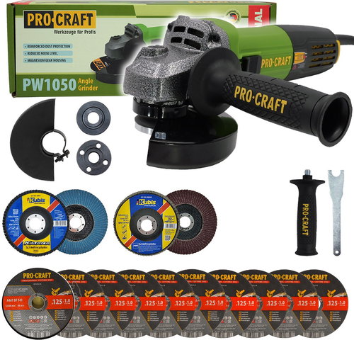 Procraft Angle grinder 125mm PW1050 + 10× cutting disc, 2× flap disc - Angle Grinder  - Main image
