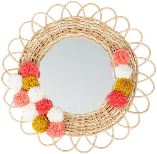 Ostaria Children's round rattan mirror Pompons 36 cm - Mirror - Main image