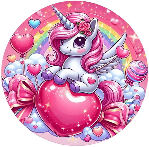 Unicorn Kruhový koberec 120 cm - Jednorožec a růžové srdce - Koberec - Main image