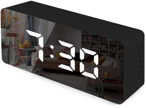 Verk Multifunction mirror clock with alarm and thermometer, black - Alarm Clock - Main image