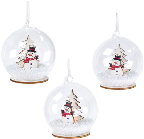 Dommio Transparent flask with snowman and LED light, diameter 8 cm, set of 3 - Christmas Ornaments - Main image