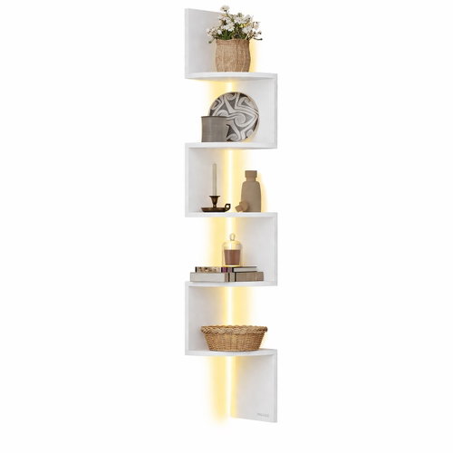 VASAGLE Wall-mounted corner shelf with LED light, 5 shelves, white 20 × 20 × 126 cm - Shelf - Main image