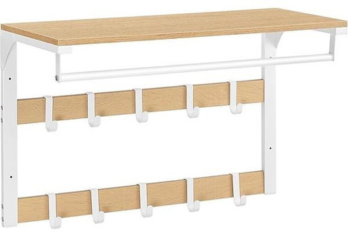 Vasagle Wall hanger with shelf 10 hooks, oak, white 30 × 65 × 42 cm - Coat Hanger - Main image