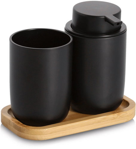 ZELLER Bathroom accessories set black, plastic, bamboo, 16,5 × 9 × 13,5 cm - Bathroom Accessory Set - Main image
