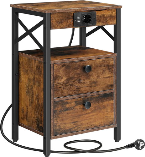 Songmics and Vasagle Zrava bedside table with charging station 60 cm, brown-black - Night Stand - Main image