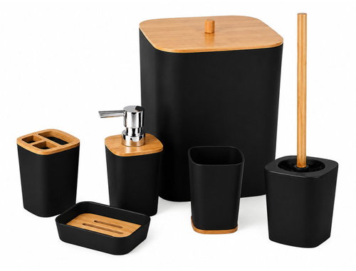 Verk 27642 Bathroom Accessory Set with Bamboo Elements 6 pcs, Black - Bathroom Accessory Set - Main image