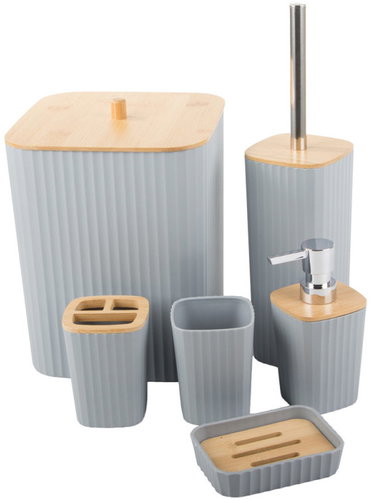 Verk 27641 Bathroom Accessory Set with Bamboo Elements, 6 Pcs, Grey - Bathroom Accessory Set - Main image