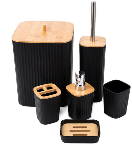 Verk 27641 Bathroom Accessories Set with Bamboo Elements, 6 pcs, Black - Bathroom Accessory Set - Main image