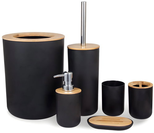 RETOO Bathroom Set 6 Pieces – Bin, Dispenser, Toilet Accessories, Black - Bathroom Accessory Set - Main image