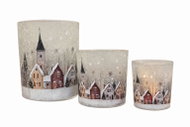 Goba Sada 3 skleněných svícnů, zimní domky 9306007-1A,B,C - Christmas Decoration