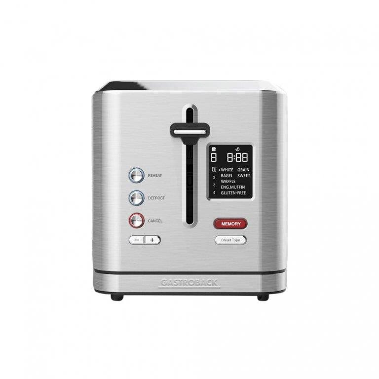 Opzetstuk Voor Broodjes GASTROBACK #42395 Design Broodrooster Digital 2S, 2 Sneden, Geïntegreerd , 7 Broodroosters, Lcd-countdown-display, 800 Watt, Roestvrijstalen Behuizing, Zilver Bread Toaster