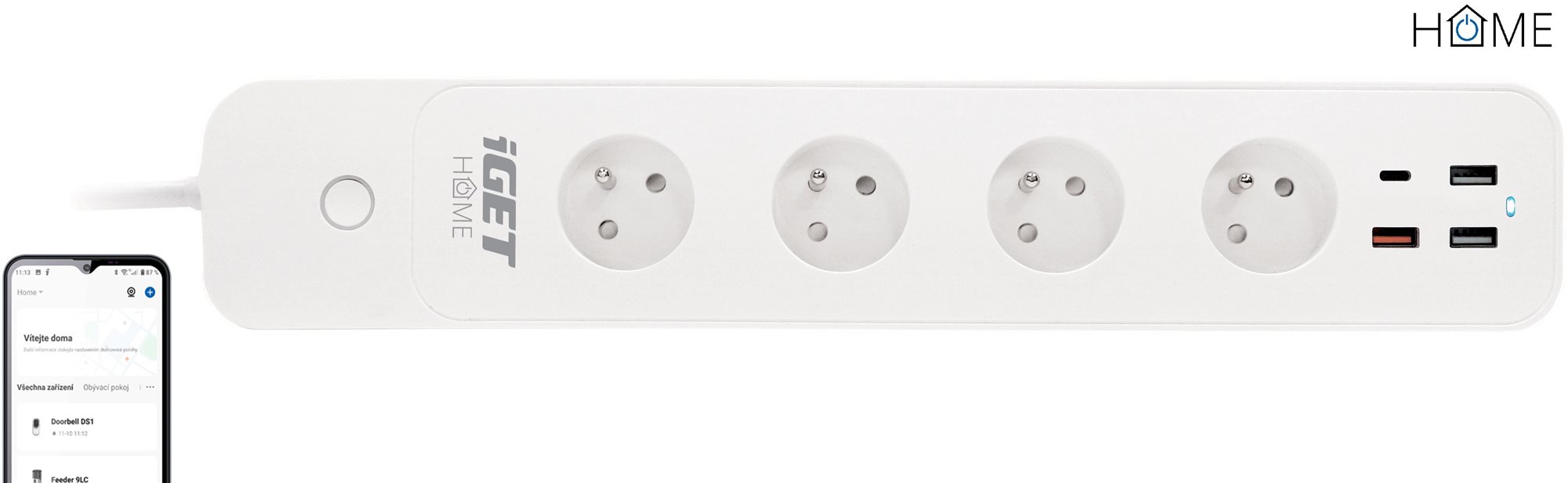 iGET HOME Power 4 USB Smart WiFi hosszabbító, fogyasztásmérés, 4× AC 230 V, 4× USB port, 3680 W